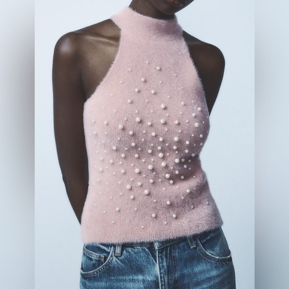 ZARA FAUX FUR PEARL HALTER TOP- Pastel pink